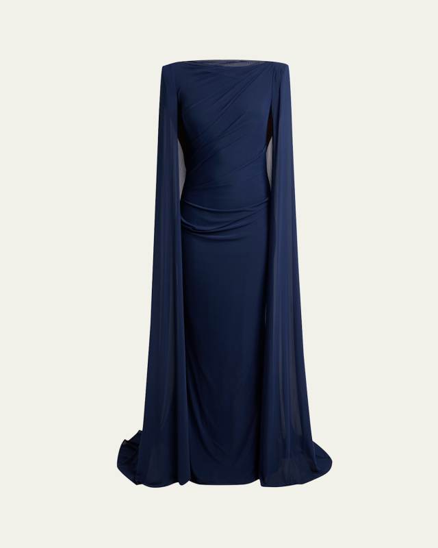 Cape Stretch Tulle Gown